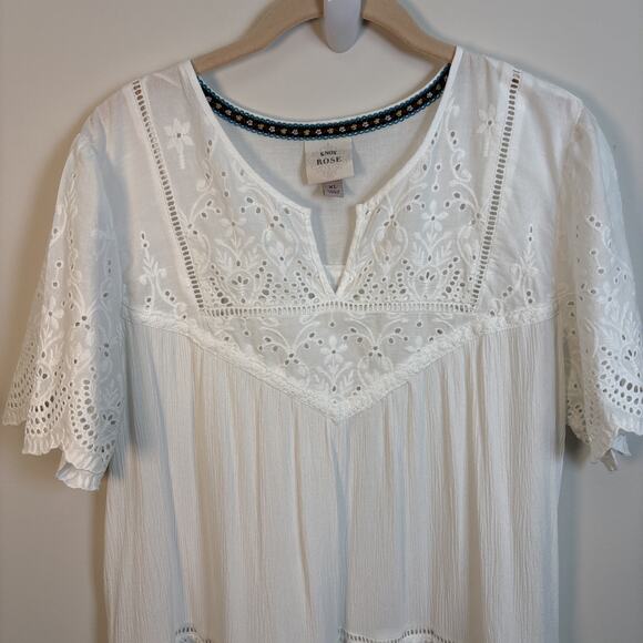 Knox Rose XL White Eyelet Boho Peasant Tunic Top Short Sleeve Eyelet Embroidery - Picture 2 of 16